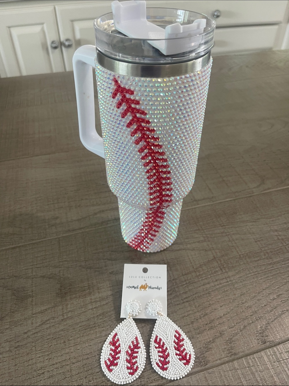 Rhinestone Baseball Stitch Tumbler & Matching Earrings - White & Red